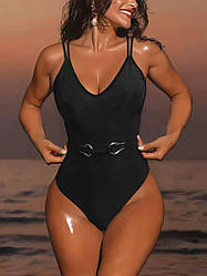Суцільний закритий жіночий купальник із тонкими бретелями чорний стильний із поясом, розмір S, M, L