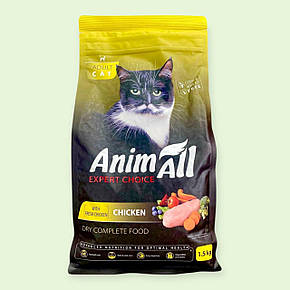 Повнораціонний сухий корм AnimAll для котів зі свіжою куркою, 1.5 кг, фото 1