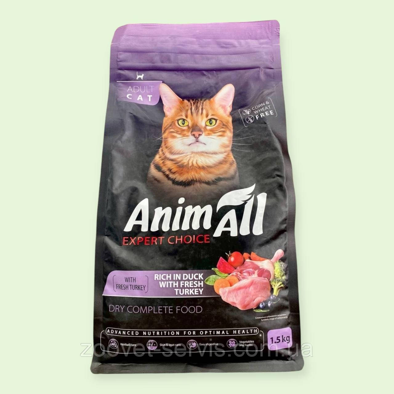 Сухий корм AnimAll для дорослих котів, зі свіжою індичкою та качкою, 1.5 кг