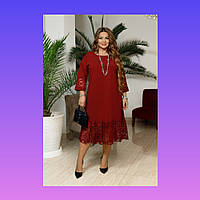 Жіноча святкова сукня батал бордо з гіпюром до коліна великого розміру