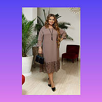 Жіноча святкова сукня батал бежевий мокко з гіпюром до коліна великого розміру