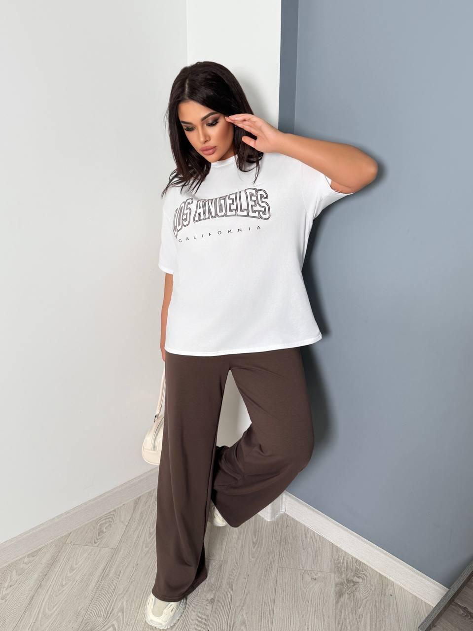 Жіночий трикотажний костюм великого розміру plussize 48-60 брюки палаццо і біла футболка оверсайз