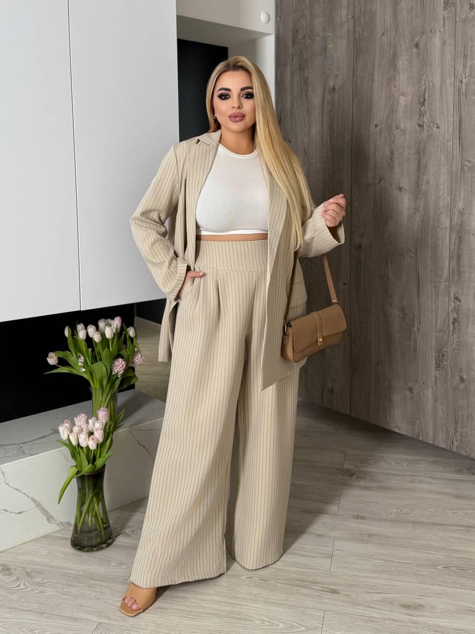 Жіночий класичний костюм двійка у смужку великого розміру plussize 48-62 піджак без застібки і підкладу і брюки палаццо