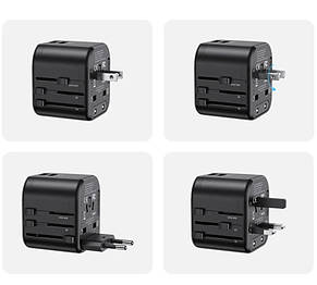 МЗП USAMS US-CC173 T55 12W Dual USB Universal Travel Charger (US/AU/EU/UK) Black, фото 3