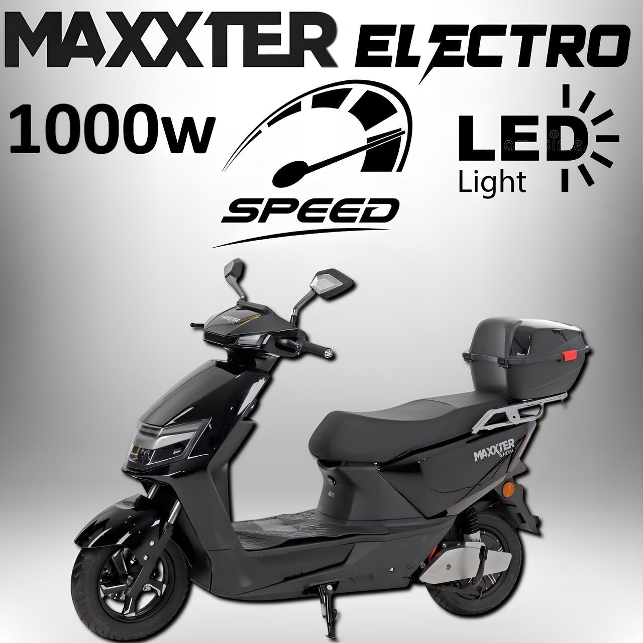 Електроскутер чорний MAXXTER NOVA. Потужність двигла 1000 Вт. Запас ходу 80 км. Зарядка 8 год.До 200 кг.Макс 45 км/год.