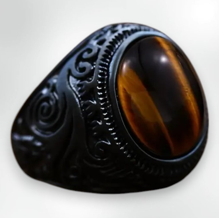 Модна чоловіча чорна каблучка тигровий глаз древні узори розмір 21, фото 1