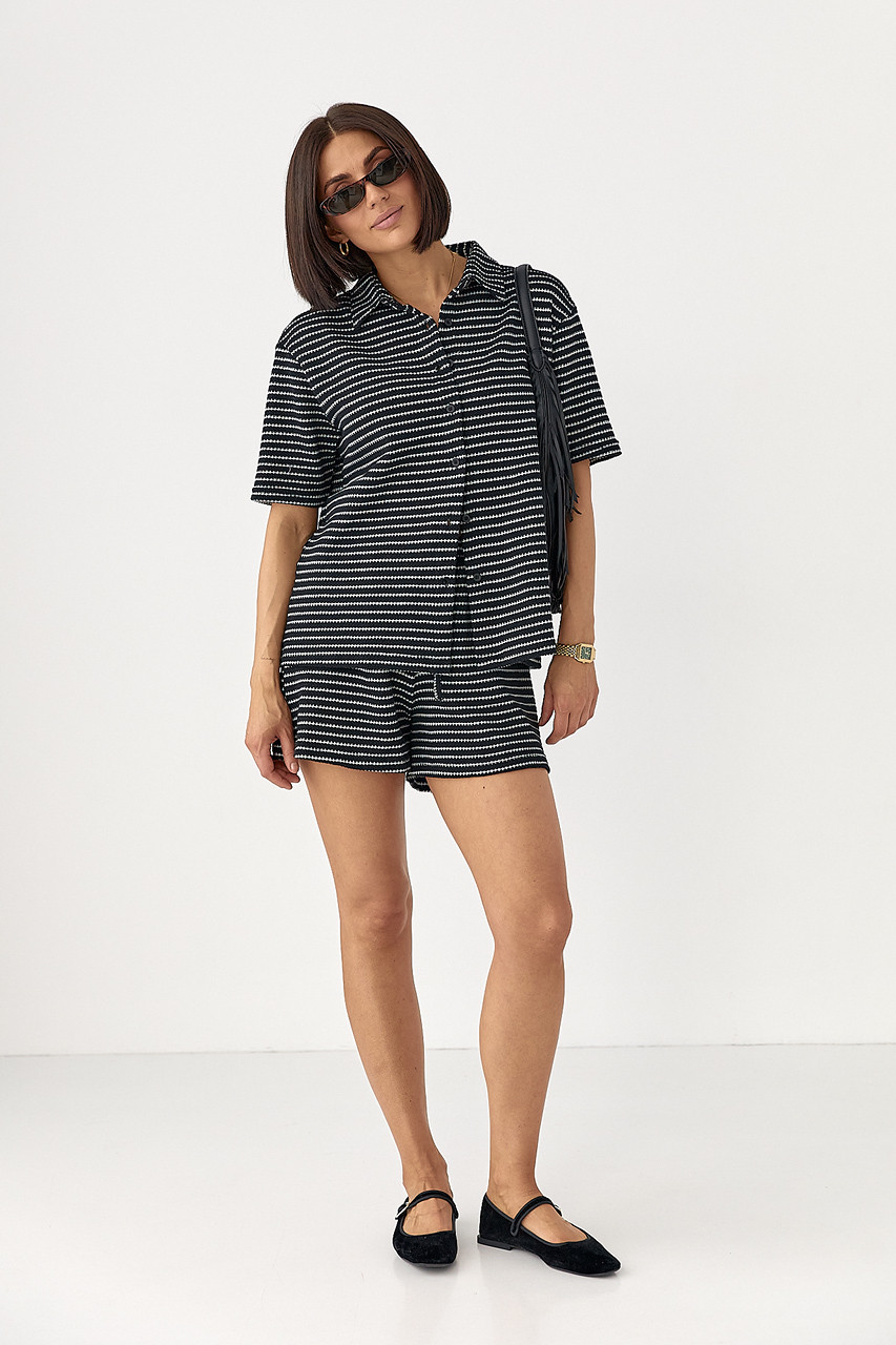 В'язаний костюм у смужку із сорочкою та шортами — чорний колір, S (є розміри), фото 1