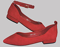 Розміри 38, 39, 40, 41  Жіночі червоні балетки з еко-замші з гострим носком, низький хід