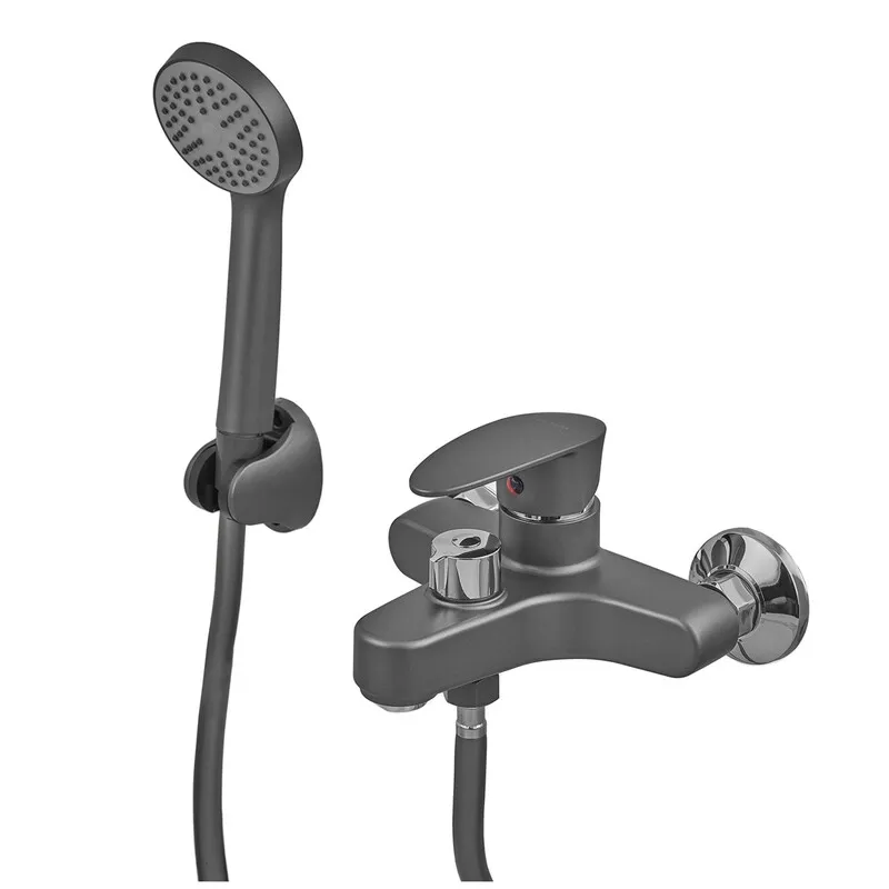 Змішувач для ванни Plamix CEZAR-009 EURO SET Graphite, зі шлангом, лійкою та кронштейном (PM0694), фото 1