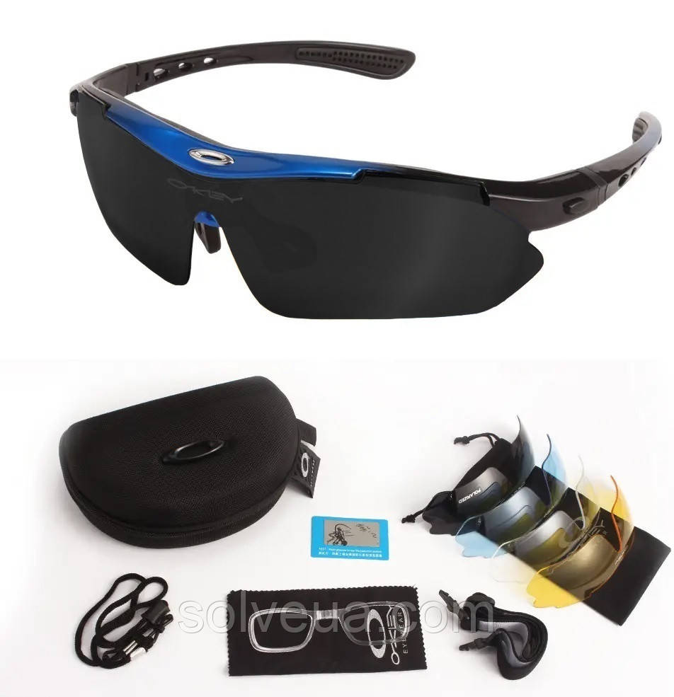 Захисні сонцезахисні окуляри з поляризацією чорні із синім 5 лінз oakley One size+.solve, фото 1