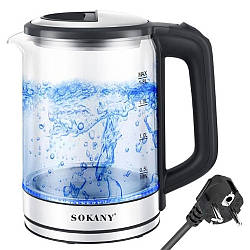 Скляний електрочайник Sokany SK-09012 з підсвічуванням 18л / Електричний чайник дисковий