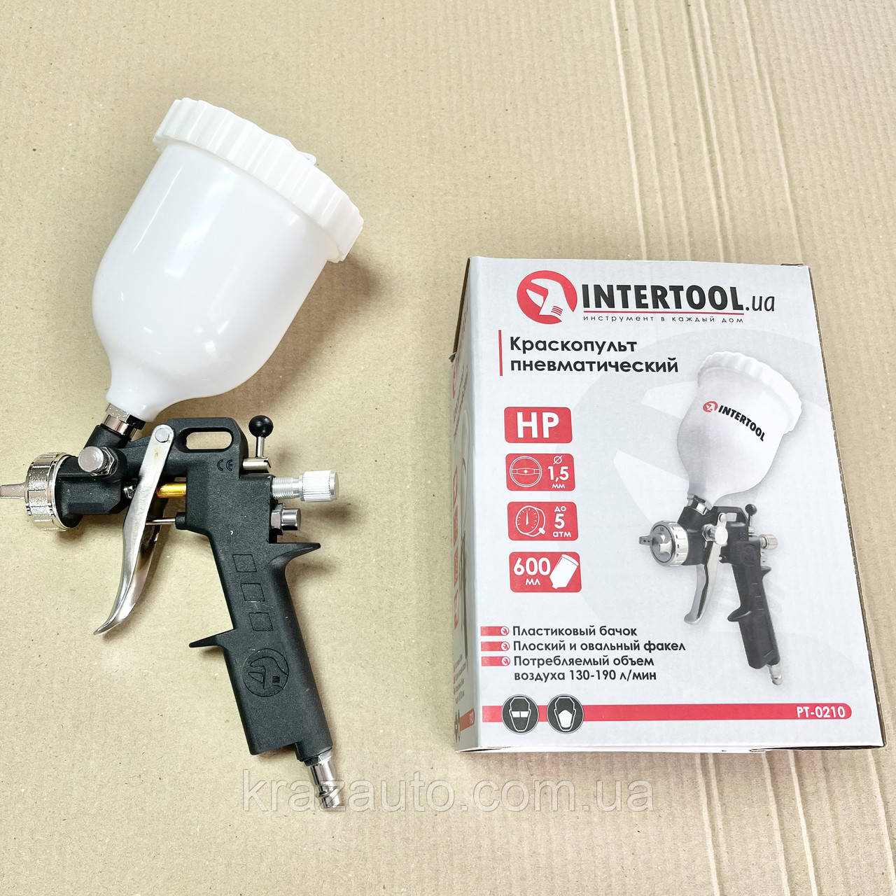 Фарбопульт пневматичний HP, форсунка 1.5 мм, пластиковий бачок 600 мл, 3 регулювання. INTERTOOL PT-0210, фото 1