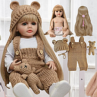 Реборн Кукла Девочка виниловая-силикон можно купать с длинными волосами в наборе с соской и бутылочкой