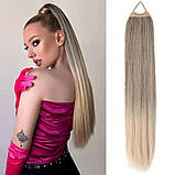 Накладний хвіст на гумці якісний і густий 70 см колір попелясто-русявий омбре в блонд, фото 2