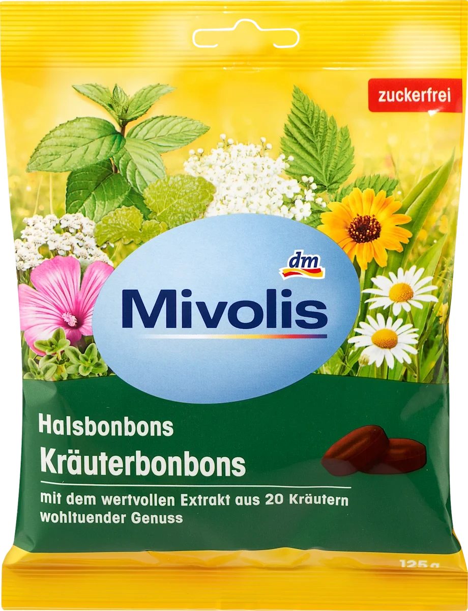 Льодяники Mivolis з 20 травами, без цукру – натуральні, корисні для підвищення імунітету, 125 гр., Німеччина, фото 1
