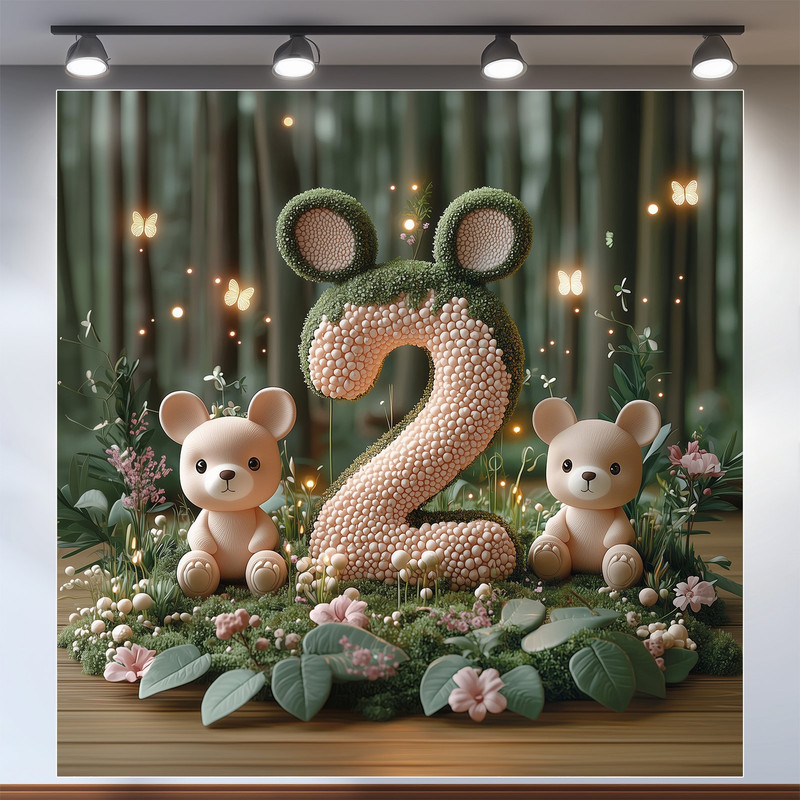 Банер 2 роки з ведмедиками і мишачими вушками, фотозона для дитини в лісовому казковому стилі, 120x120 см, №43049, фото 1