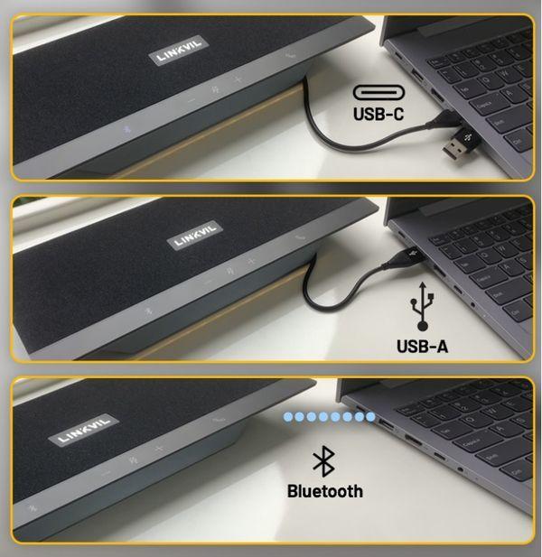 3 варианта подключения - проводное (USB-A и USB-C) и беспроводное (Bluetooth)