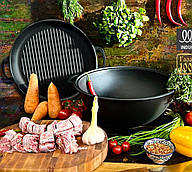 Чавунний узбецький казан казанок з кришкою-сковородою 15 л туристичний для відкритого багаття вогню якісні казани чавун майстерня