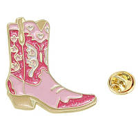 Брошка значок із золотистою кліпсою рожевий жіночий чобіт покрита кольоровою емаллю розмір виробу 30х25 мм