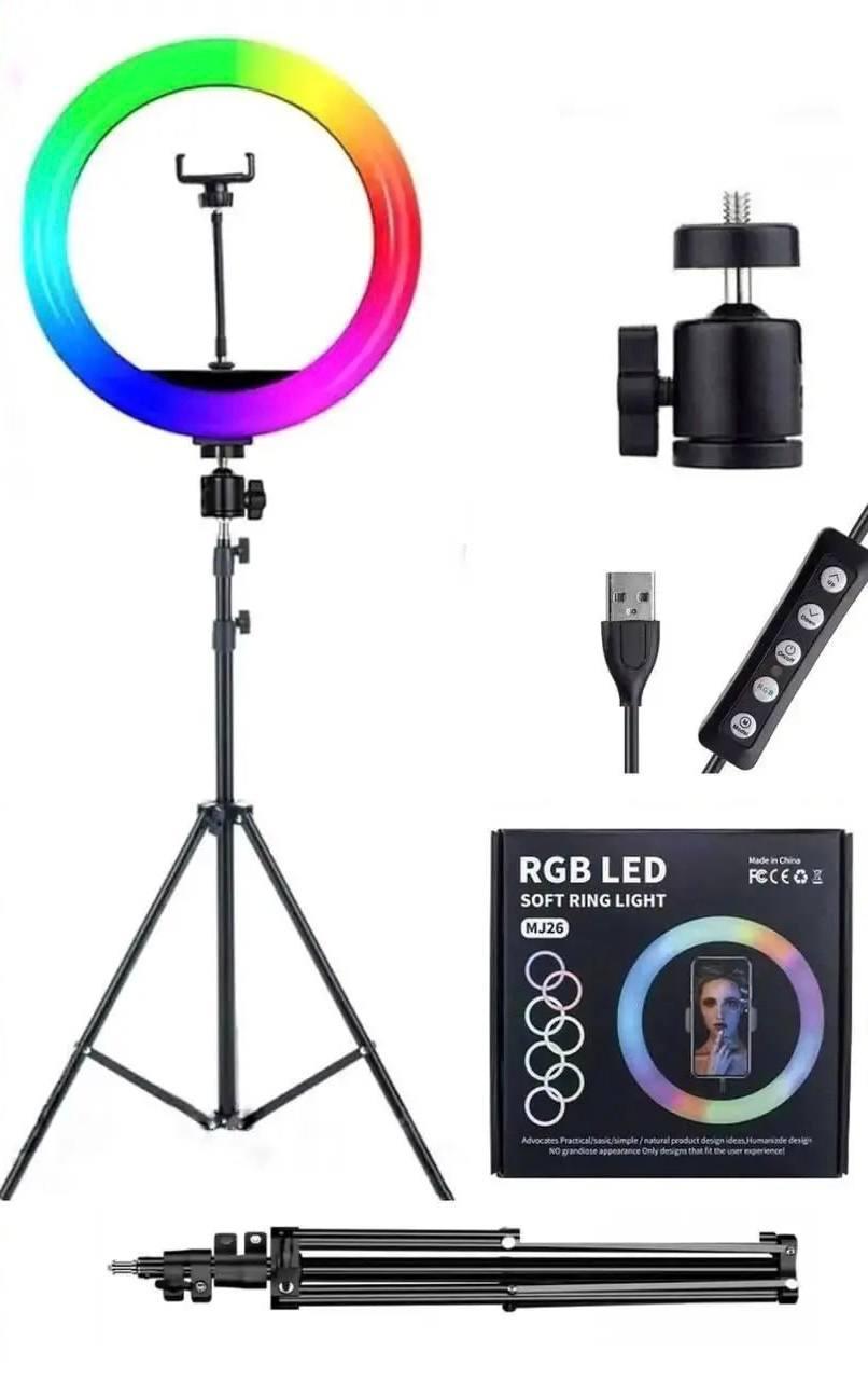 Світодіодна лампа з штативом 2 метра, кольцевая 26см MJ26 RGB, різнокольорова лампа для блогера, косметолога