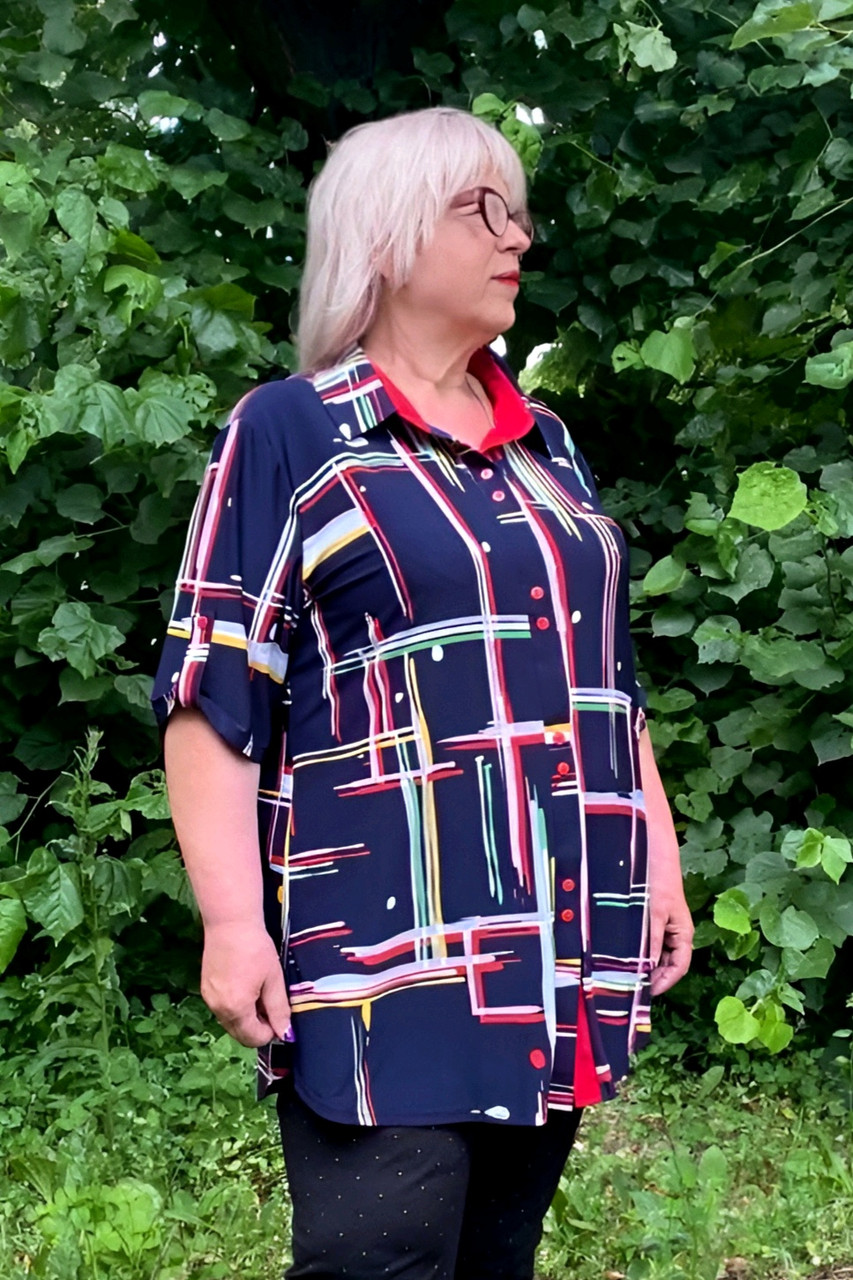 Жіноча сорочка батал масло трикотаж великі розміри 52-66 темно-синя з малюнком