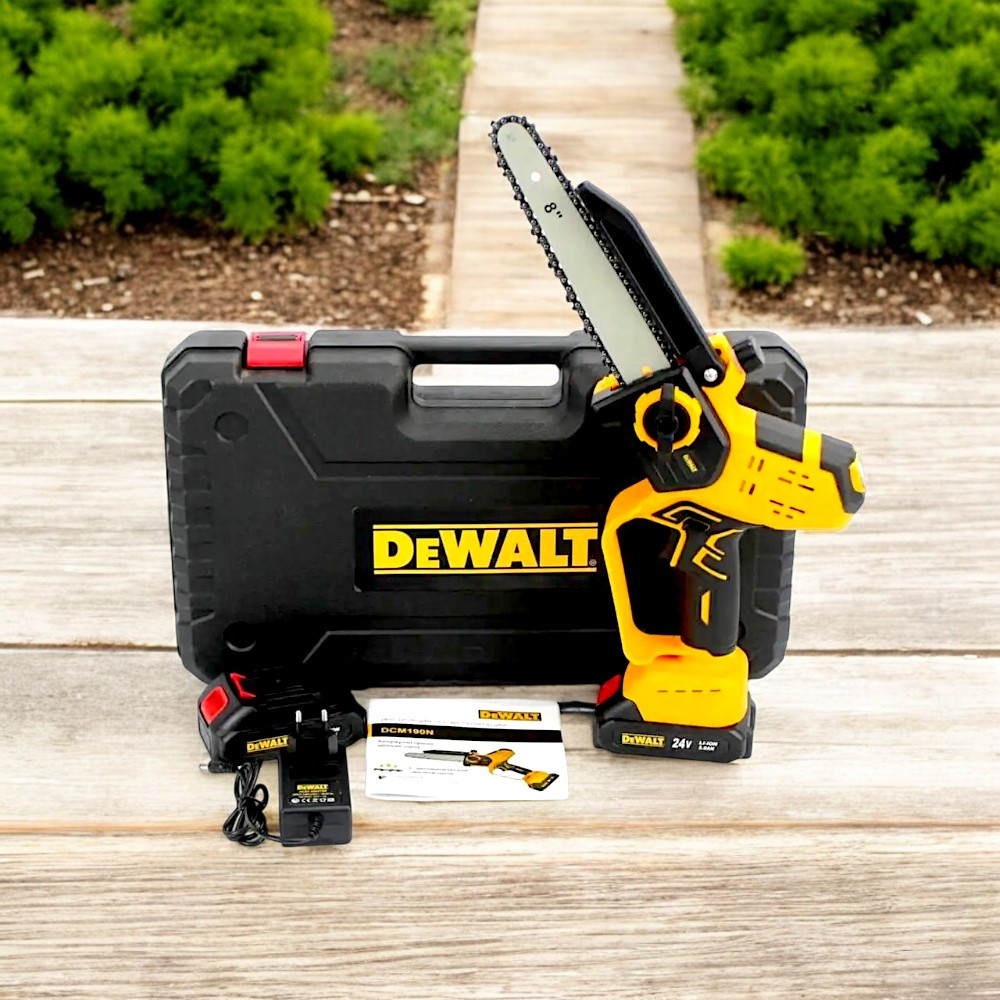 Мініпила з індикатором заряду DeWalt DCM190HN 24V, 5 Аh, Ланцюгова міні-пила з автоматичним змащенням ланцюга