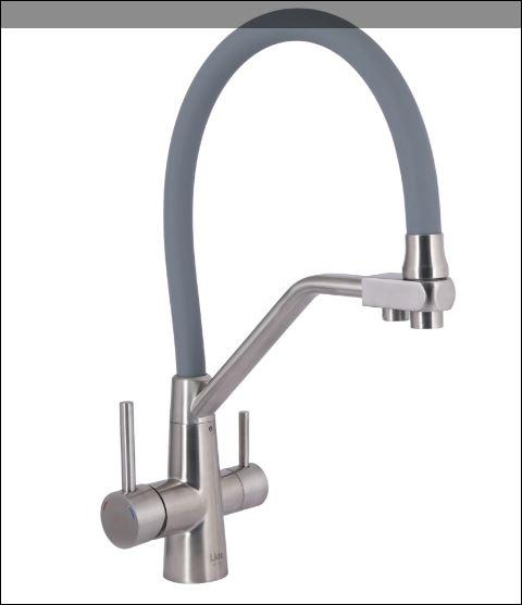 Змішувач для кухні Aria 020F3, Nickel/Grey (k35) з гнучким виливом з підключенням для питної води Lidz