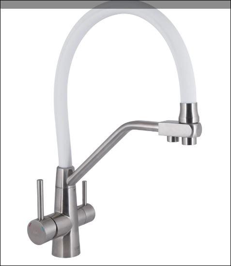 Змішувач для кухні Aria 020F3, Nickel/White (k35) з гнучким виливом з підключенням для питної води Lidz
