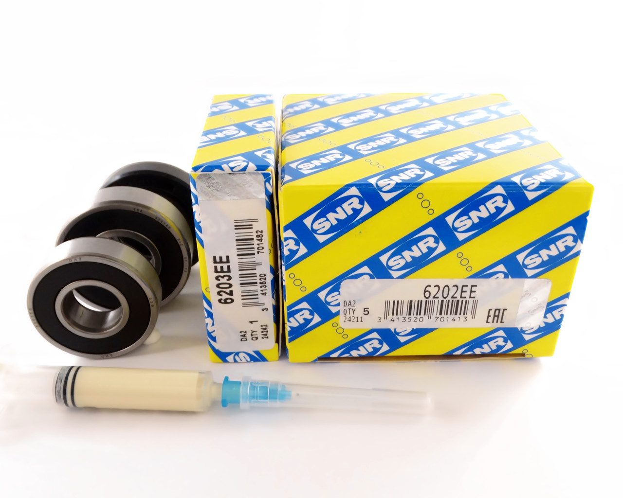 Підшипники для пральної машини Ariston (6202-6203 - сальник 22*40*10/11,5 - мастило 2 мл) SNR Франція