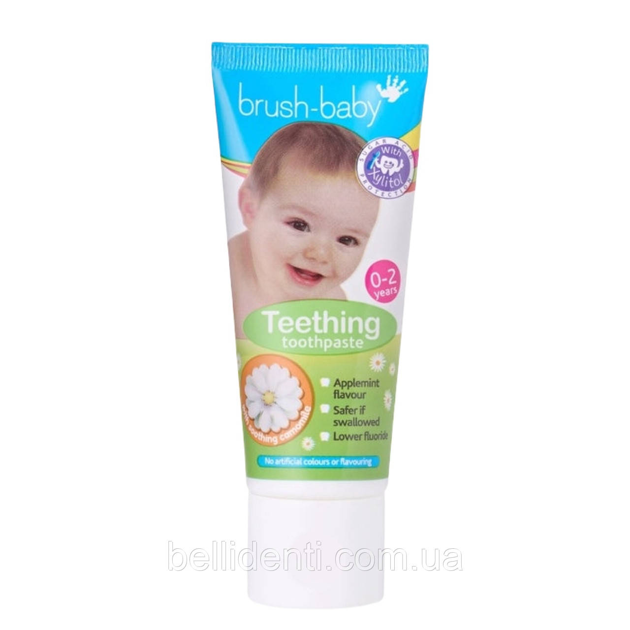 Дитяча зубна паста Brush-Baby Teething Baby для прорізування від  0 до 2 років (фтор 500,  смак яблучна м'ята), 50 мл