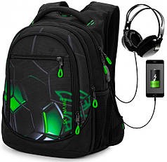 Рюкзак шкільний ортопедичний для хлопчика підлітковий 5-11 клас чорний з зеленим футбол м'яч SkyName 91-12