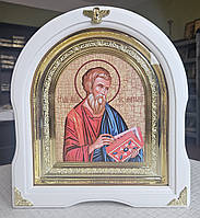 Икона Святой Евангелист Матфей в белом арочном фигурном киоте под стеклом, размер киота 28*25,сюжет 15*18