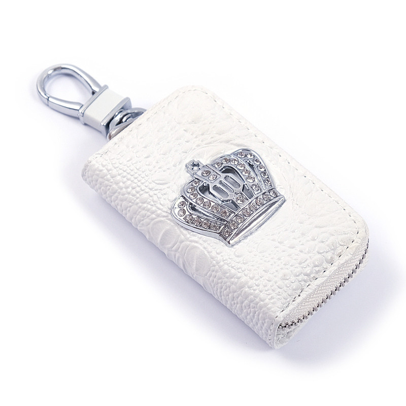 ЧОХОЛ ДЛЯ КЛЮЧІВ З КАРАБІНОМ корона біла шкіра, фото 1