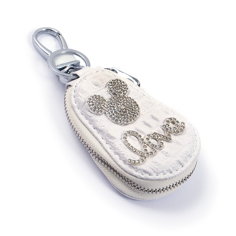 ЧОХОЛ ДЛЯ КЛЮЧЕЙ З КАРАБІНОМ мікі маус біла шкіра, фото 1