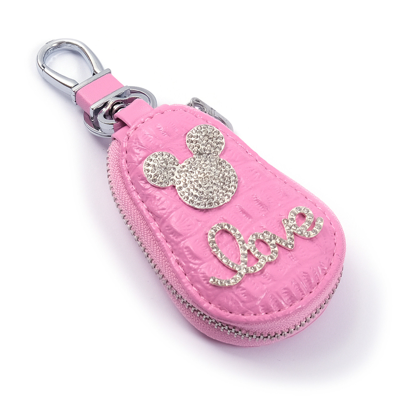 ЧОХОЛ ДЛЯ КЛЮЧЕЙ З КАРАБІНОМ мікі маус рожева шкіра, фото 1