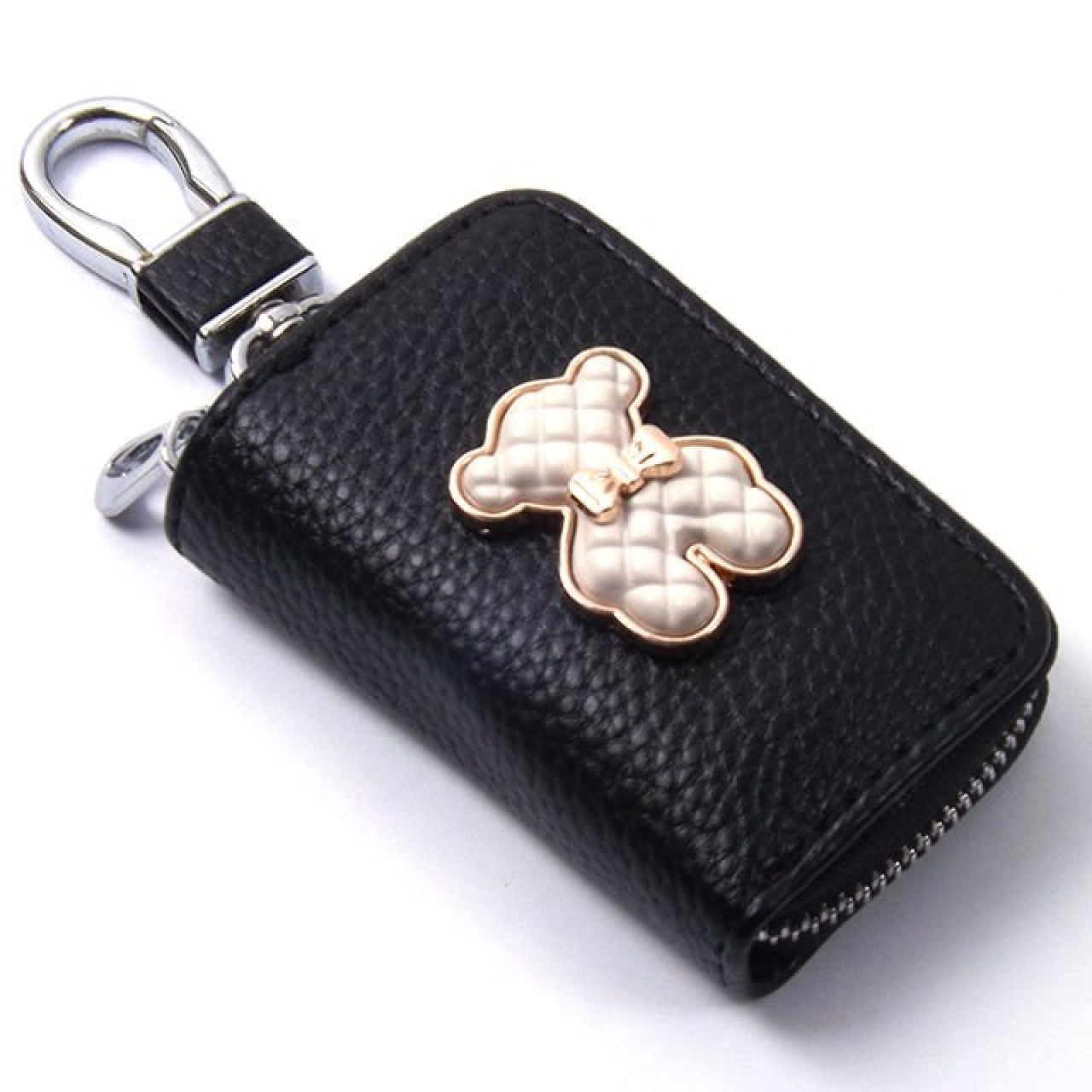 ЧОХОЛ ДЛЯ КЛЮЧЕЙ З КАРАБІНОМ ведмедик тедді біла шкіра, фото 1