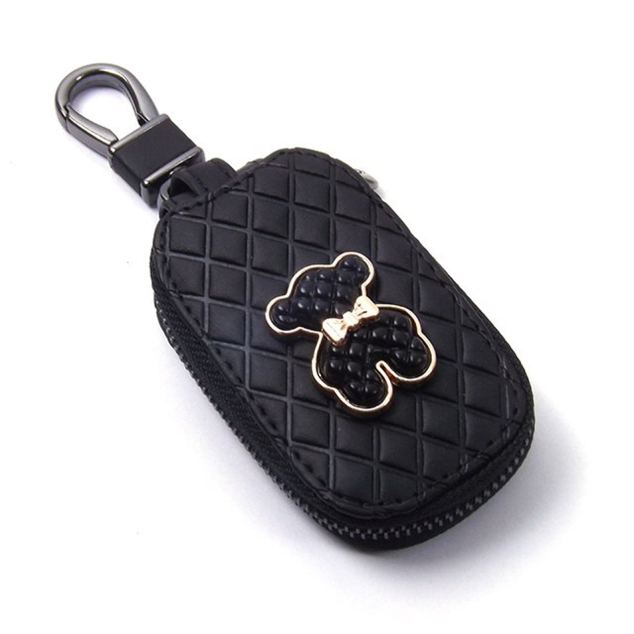 ЧОХОЛ ДЛЯ КЛЮЧЕЙ З КАРАБІНОМ ведмедика, чорний шкіра, фото 1