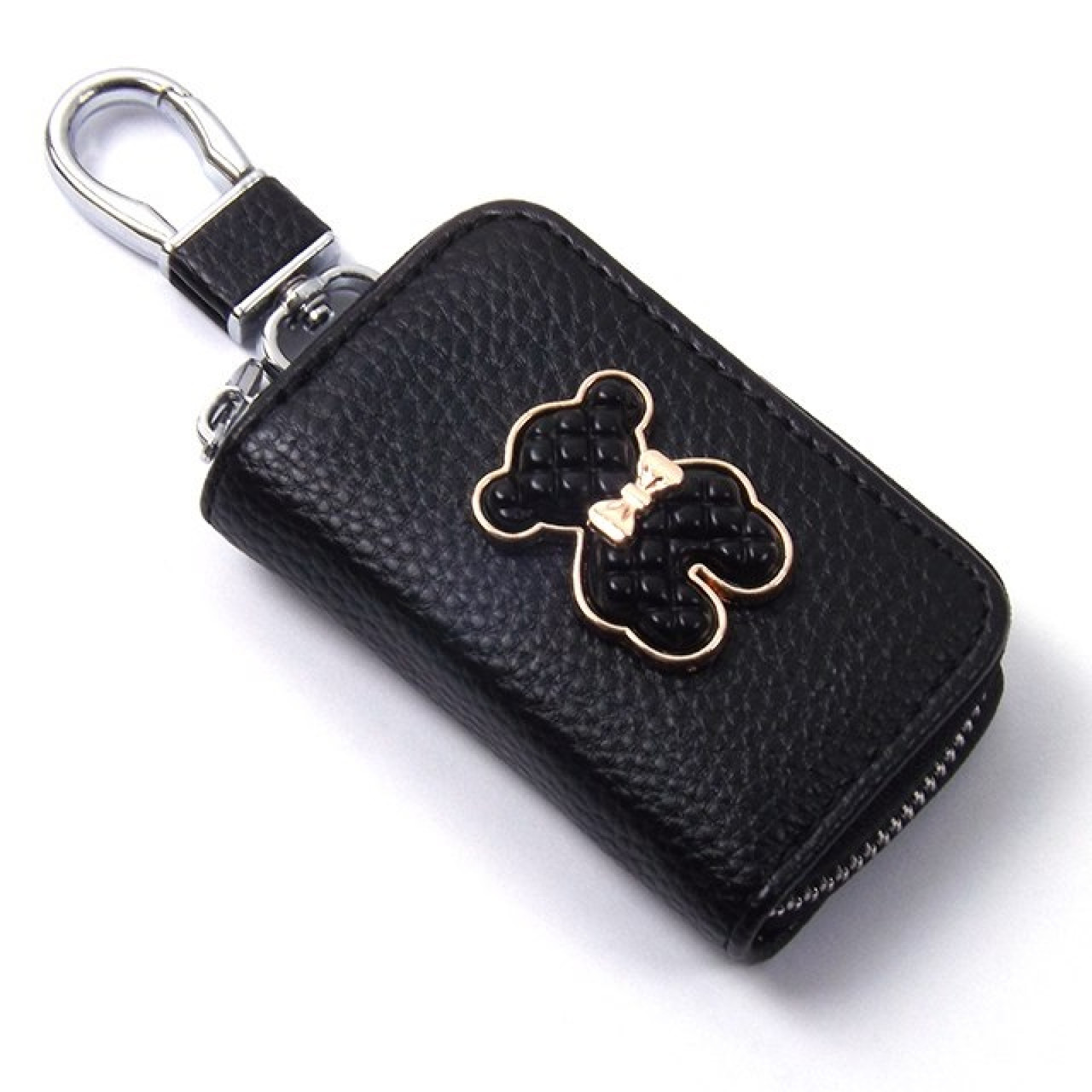 ЧОХОЛ ДЛЯ КЛЮЧЕЙ З КАРАБІНОМ ведмедика, чорний шкіра, фото 1