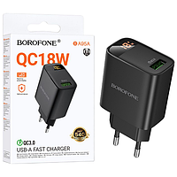 Мережевий зарядний пристрій Borofone BA95A QC3.0 (1USB/18W/LED дисплей.) чорний,  Швидка зарядка USB