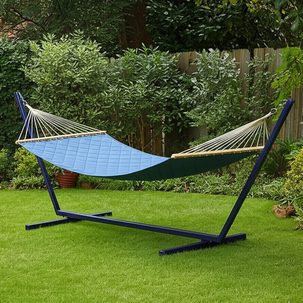 Стійка для гамака 50х50 + Двомісний Гамак з планкою SOFT блакитний XXL 200×140 WCG. Бавовна, фото 1