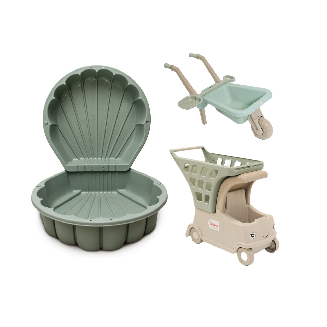 ЕКО Набір: дитяча пластикова тачка, візок "Авто з кошиком", та пісочниця мушля ТМ Doloni, фото 1