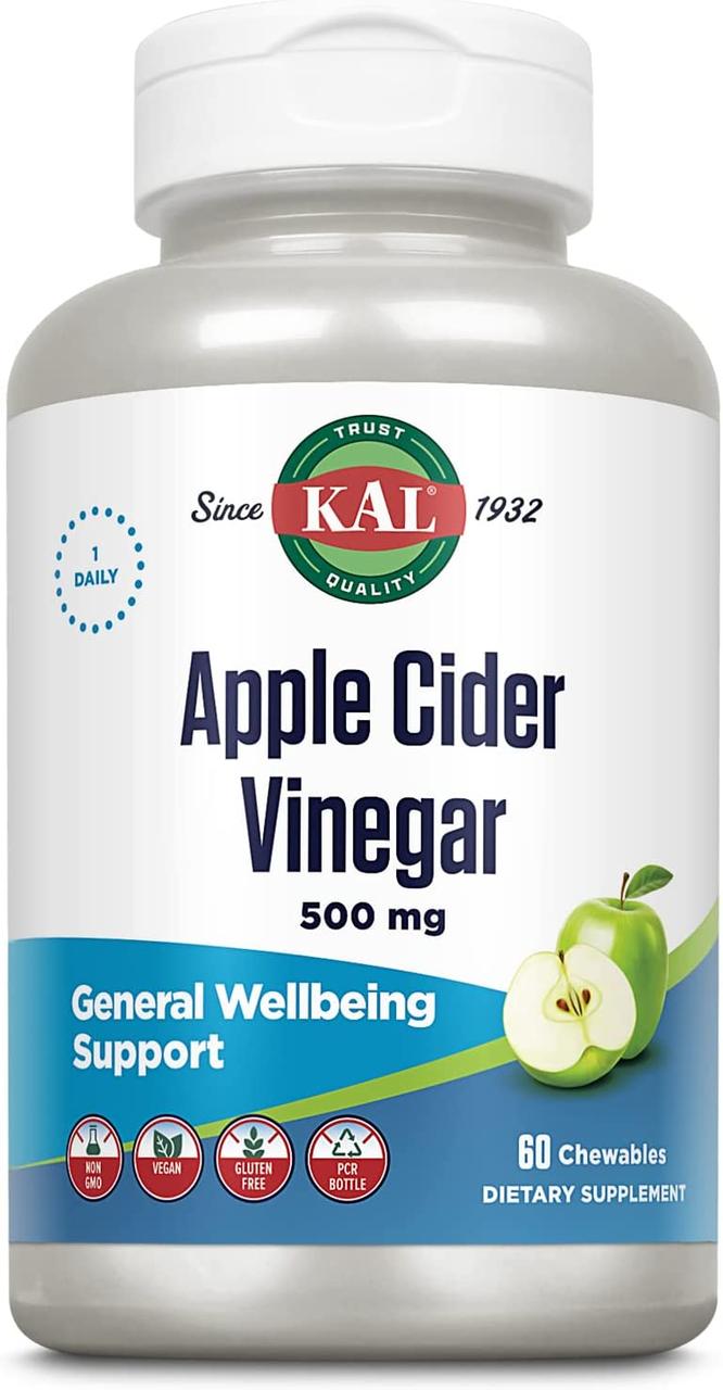 Яблучний оцет, Apple Cider Vinegar, KAL, смак зеленого яблука, 500 мг, 60 жувальних таблеток