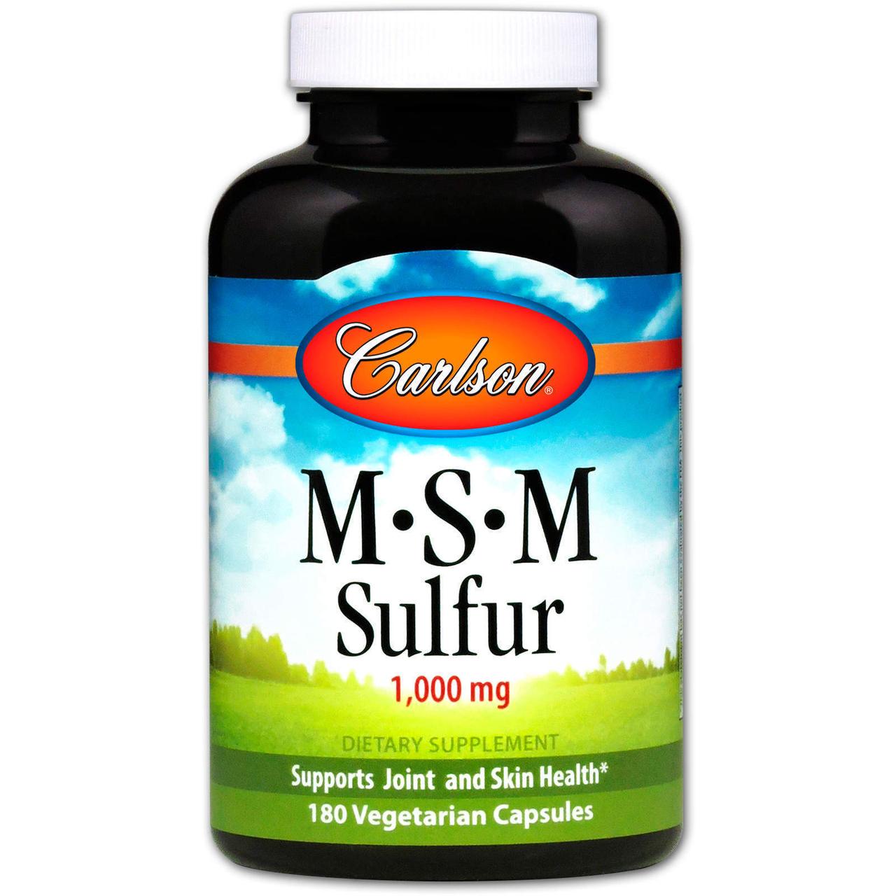 Метилсульфонілметан МСМ, MSM Sulfur, Carlson, 1000 мг, 180 вегетаріанських капсул