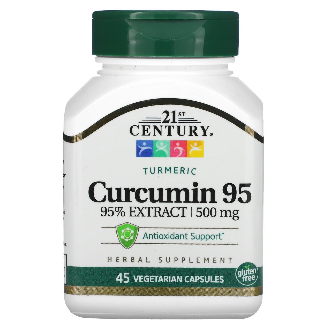 Куркумін 95, Curcumin 95, 21st Century, 500 мг, 45 вегетаріанських капсул, фото 1