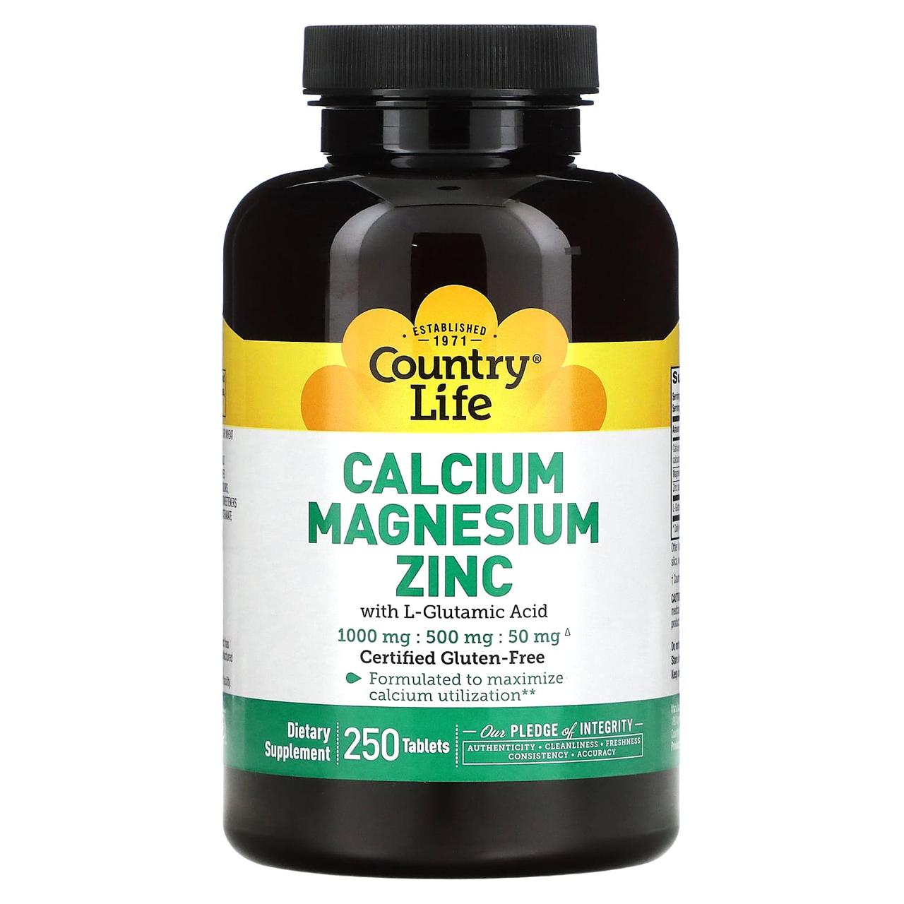 Кальцій магній цинк, Calcium Magnesium Zinc, Country Life, 250 таблеток, фото 1