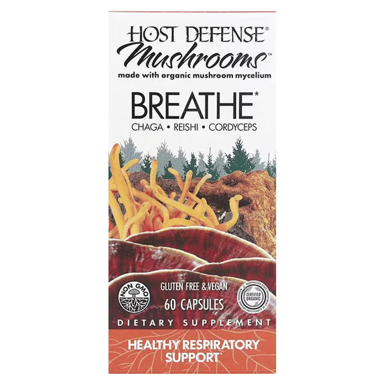 Підтримка дихальної системи, Breathe, Fungi Perfecti, Host Defense, органік, 60 капсул