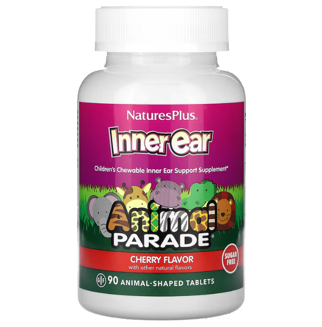 Вітаміни для дітей з вишневим смаком, Inner Ear, Children's Chewable, Nature's Plus, Animal Parade, 90 жувальних таблеток у формі, фото 1