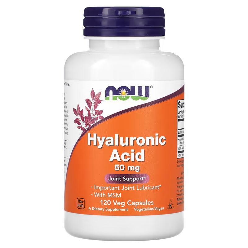 Гіалуронова кислота з МСМ, Hyaluronic Acid With MSM, Now Foods, 50 мг, 120 вегетаріанських капсул.