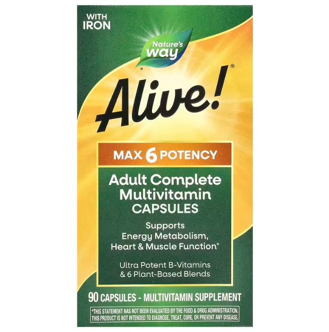 Мультивітаміни, Alive!, Adult Complete Multivitamin, Nature's Way, повний комплекс для дорослих, із залізом, 90 капсул, фото 1