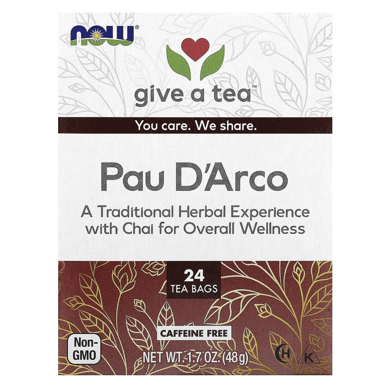 По д'арко, Pau D'Arco, Now Foods, Real Tea, без кофеїну, 24 чайних пакетика, 48 г